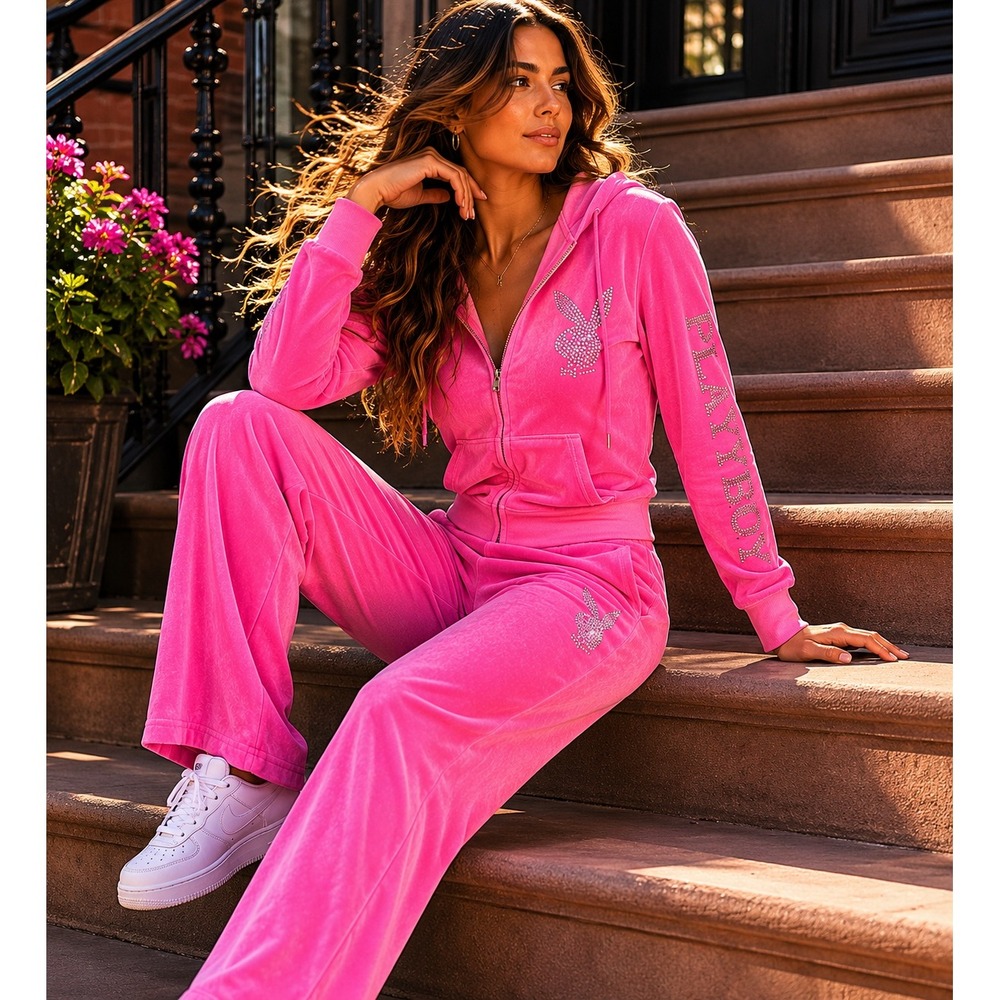 Playboy Pink Velour Rhinestone Jogger Set Y2K Hoodie Pants Loungewear Streetwear
